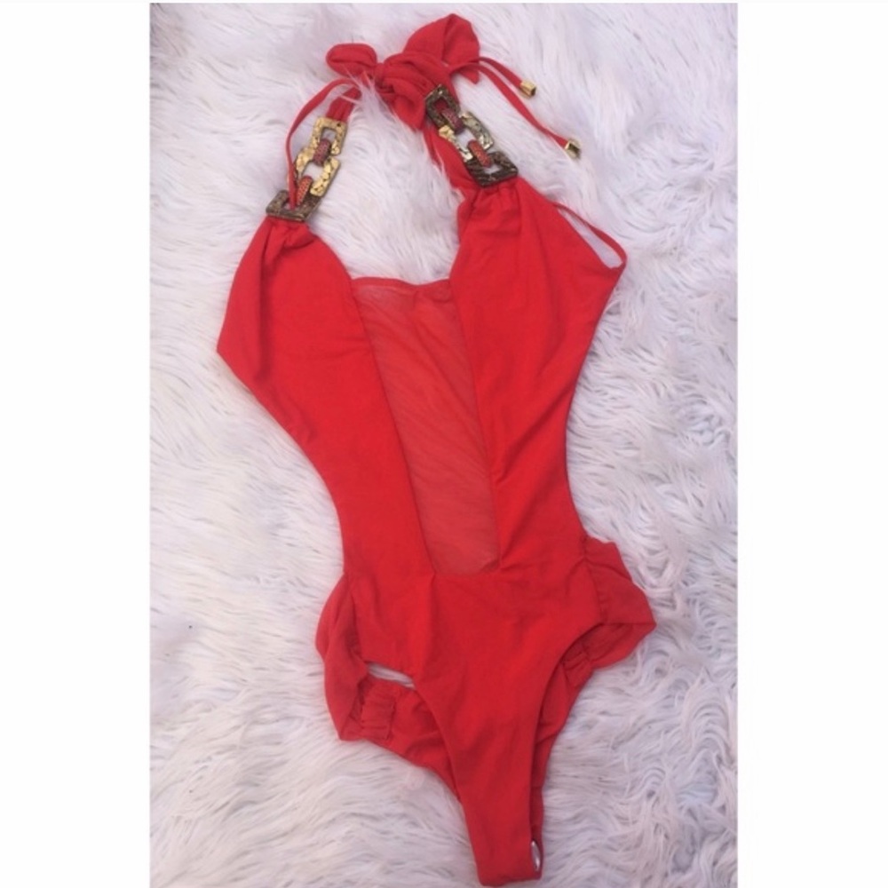 Beach Bunny monokini red mesh illusion panel